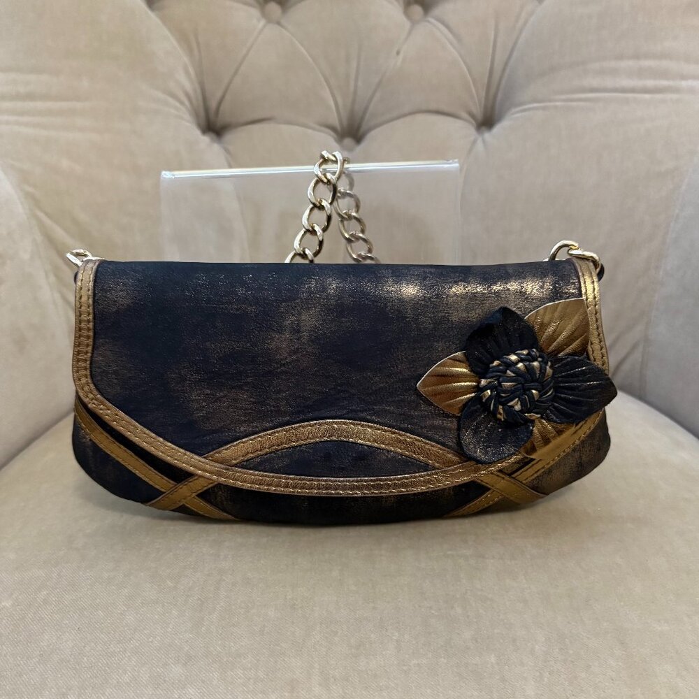 Auth PATRIZIA PEPE Italy Distressed Leather Flora Baguette Clutch Bag - Picture 2 of 8